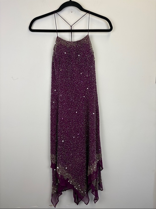 Scala Dresses & Skirts - Scala Beaded Sequin Dress Purple Handkerchief Hem Cocktail Formal Size Small